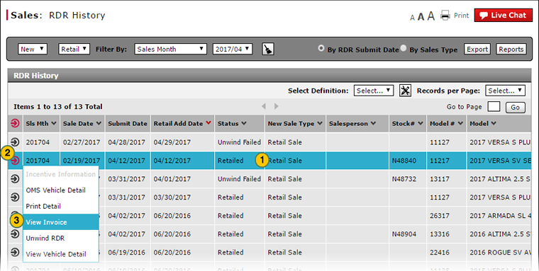 View vehicle invoice from RDR History.